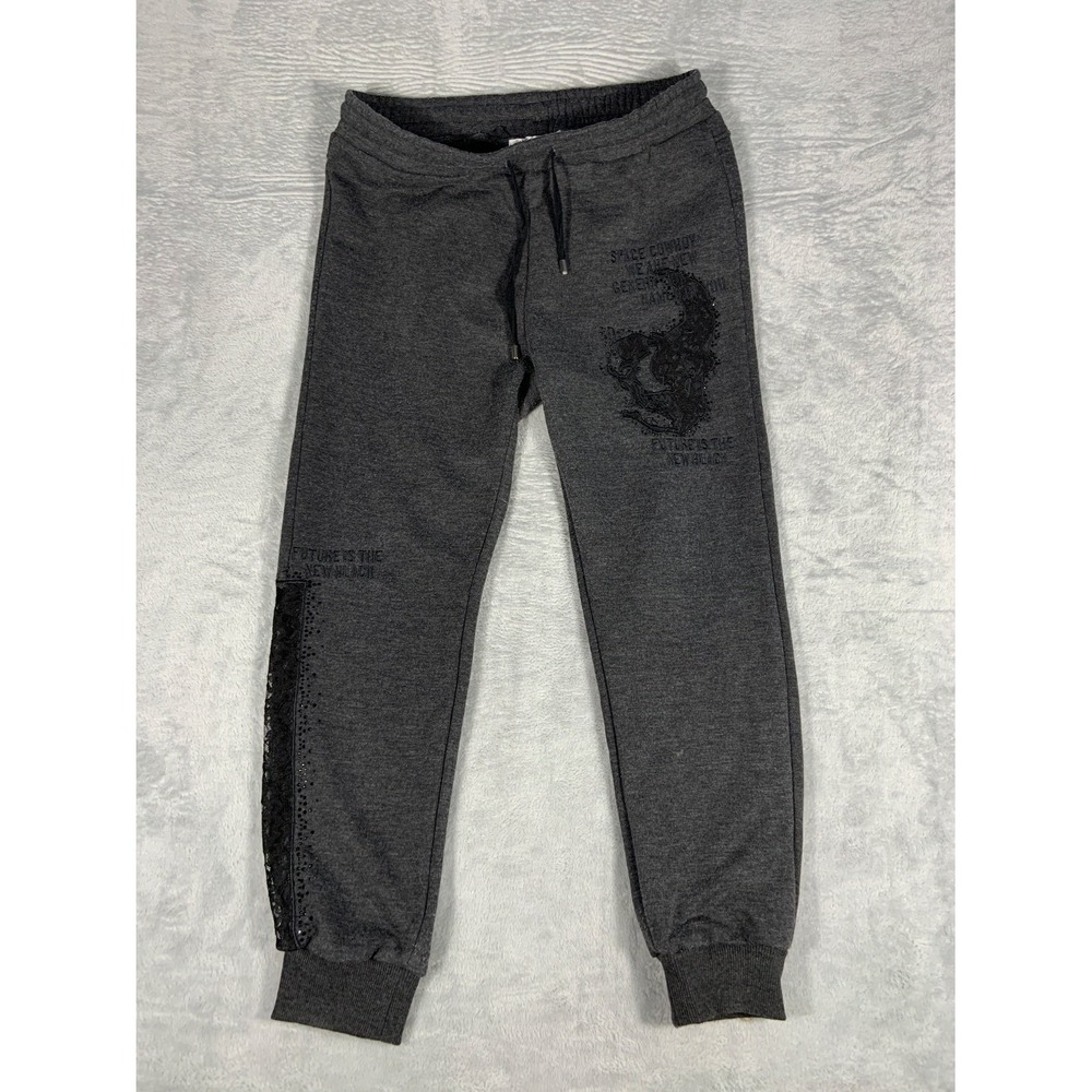 Nice Istanbul Fashion Addict Women XL Gray Lace Rhinestone Skull Joggers Pants